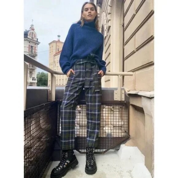 Aritzia Wilfred Tie Front Belt Plaid Pants Cropped High Rise Waisted Trousers - Picture 11 of 15